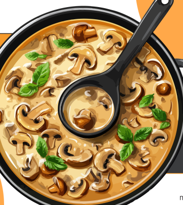 Pot of creamy mushroom soup with basil, stirred by a black ladle.