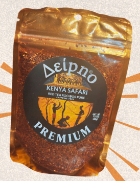 Resealable brown pouch labeled “Deipno Premium Kenya Safari Red Tea Rooibos Pure,” featuring African safari silhouettes in orange and black.