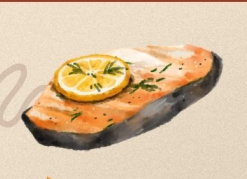 A watercolor-style illustration of a grilled or pan-seared salmon fillet topped with a slice of lemon and fresh herbs.