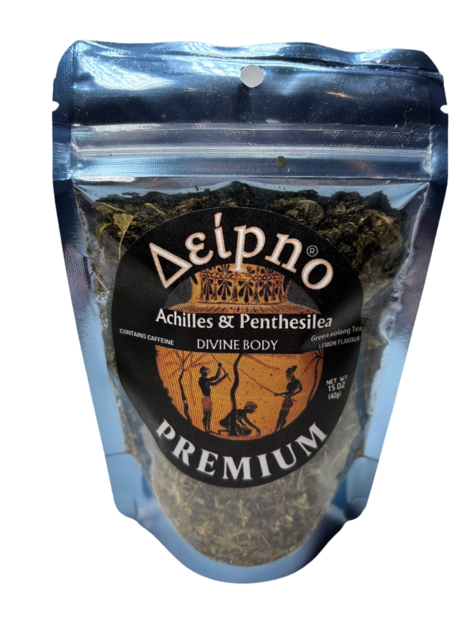 Achilles & Penthesilea green oolong tea with lemon flavor and loose leaves.