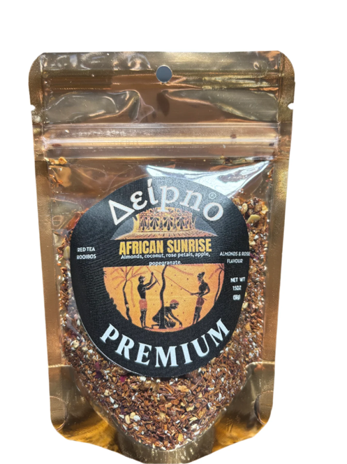 African Sunrise caffeine-free rooibos herbal tea with fruit and floral notes.