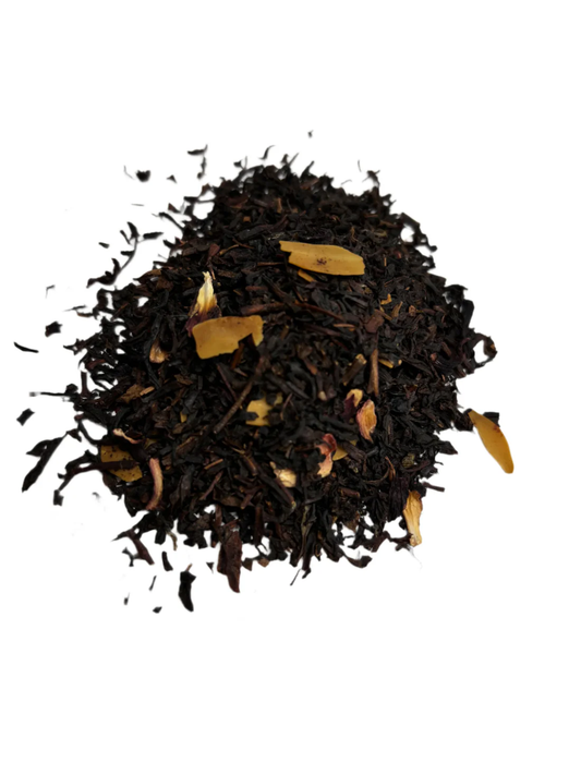 Text: Dried Amaretto Italiano black tea leaves arranged for brewing and reuse.