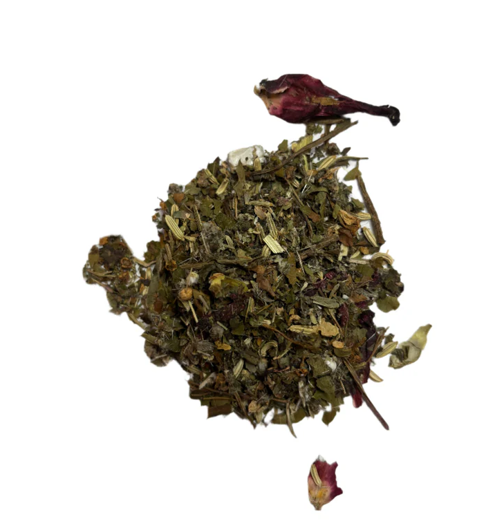 Loose-leaf Greek herbal infusion featuring calming mountain herbs like lemon balm, sage, and linden.