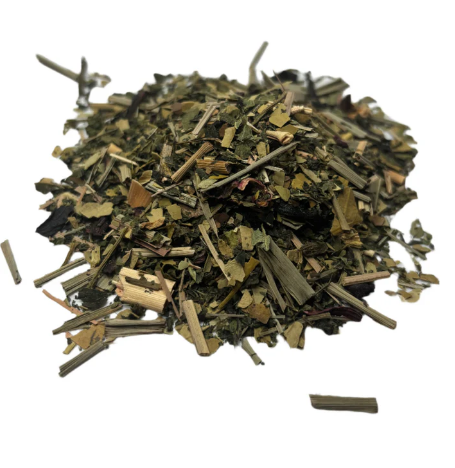 Loose leaf herbal blend with lemongrass and leafy botanicals, showing a bright and refreshing mix of natural ingredients.