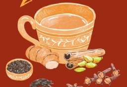 Illustrated cup of herbal tea surrounded by spices like ginger, cardamom, star anise, cinnamon, and cloves on a warm red background.