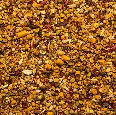 Close-up of a golden spice blend with warm chilis, seeds, and herbs, showcasing the texture and depth of layered seasoning.