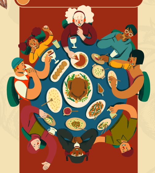 People gathered around a round table sharing a wholesome meal together.