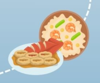 Illustration of two plates of food, one with sliced rolls and another with shrimp and vegetables.