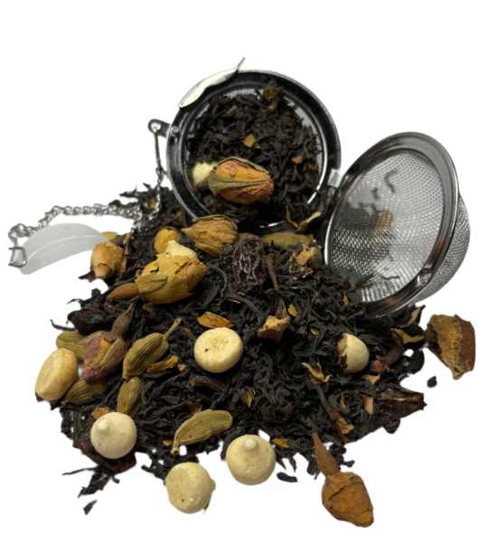 Seirenes spiced black tea blend with cardamom, rose buds, and whole spices