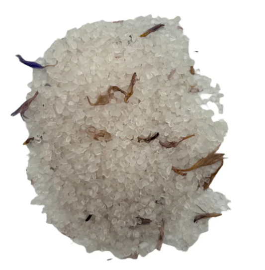 Sun-dried Greek salt crystals with petals.