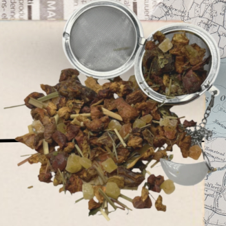 Loose-leaf fruit tea blend with dried fruit pieces and herbs spilling from a metal tea infuser onto a paper surface with a vintage map background.